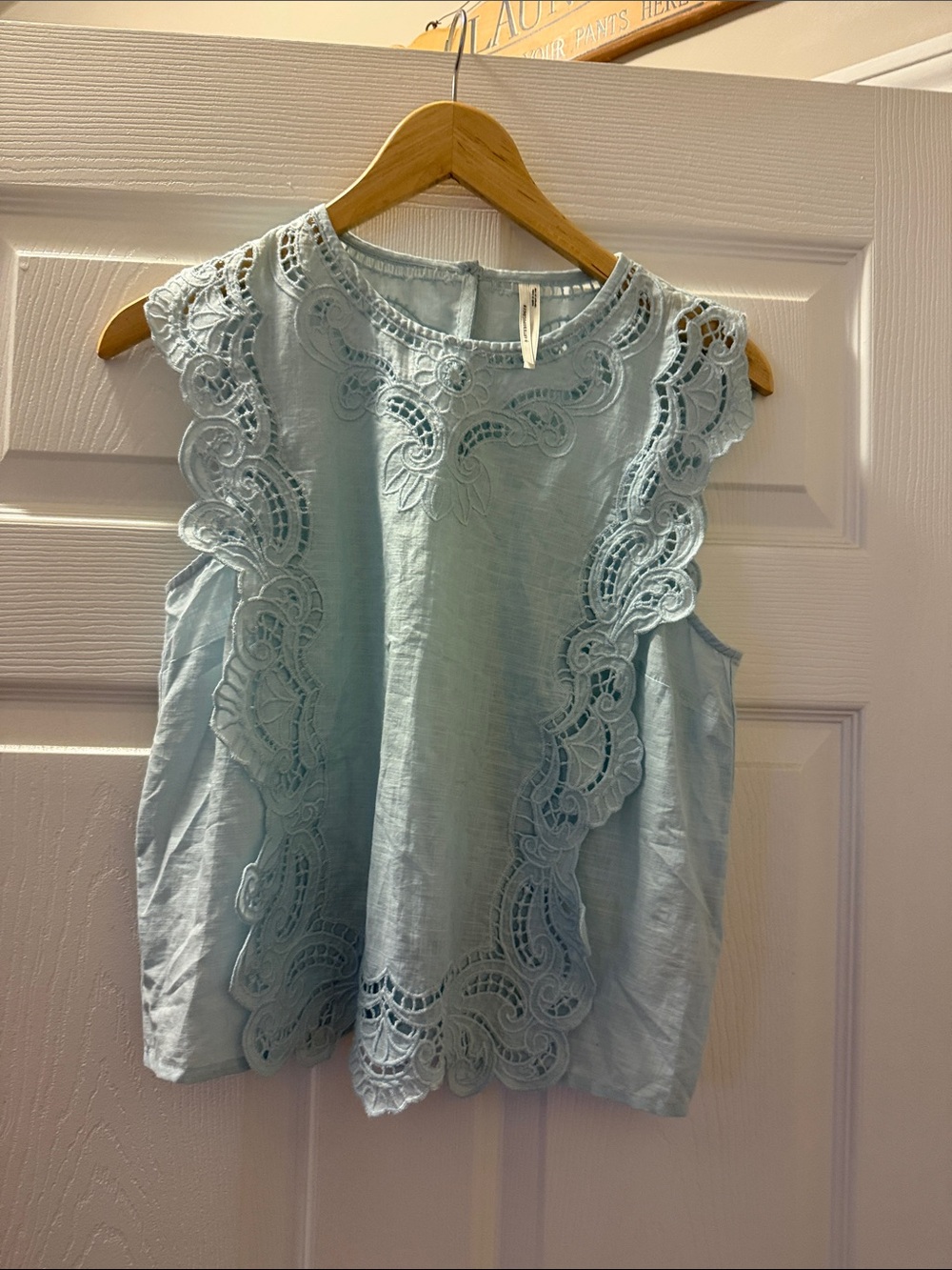 Anthropologie Pale Blue Eyelet Lace-Trim Sleeveless Top LNC